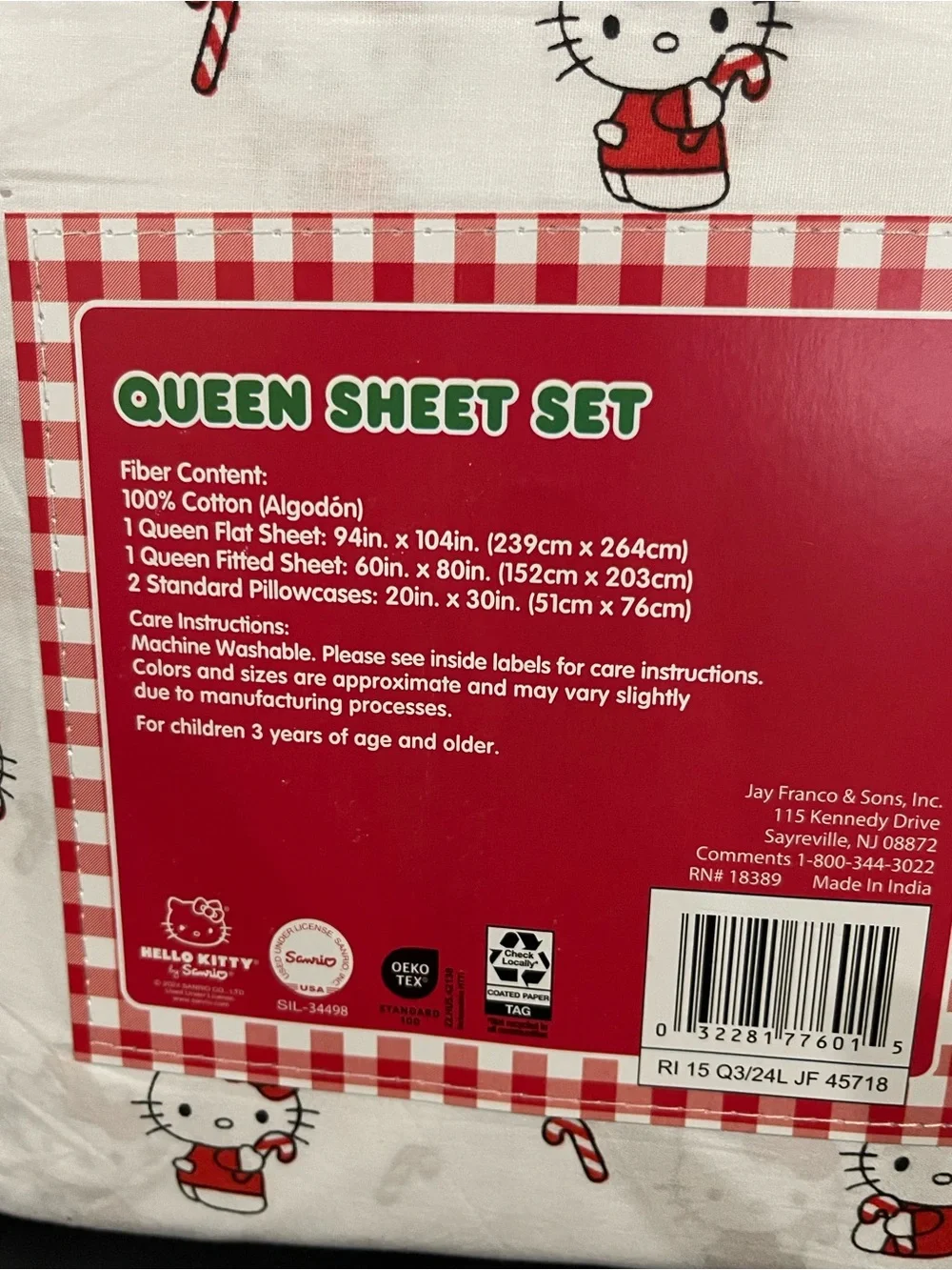 Hello Kitty Candy Cane Christmas Queen Sheet Set - Hello Kitty Queen Sheet Set